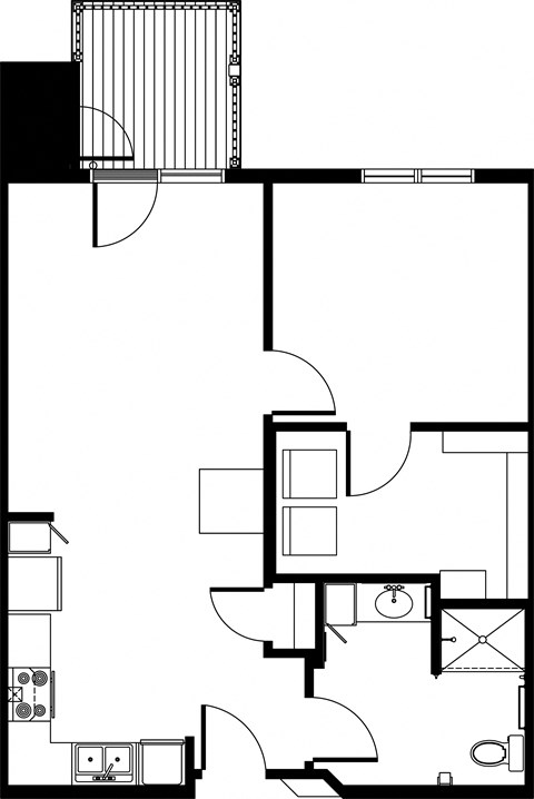 Floor plan for 1 bed, 1 bath, 718 sqft
